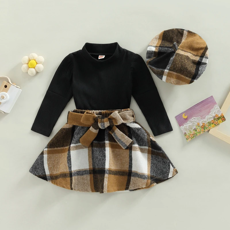 Toddler Baby's Clothes Girls 3Pcs Fall Outfits Long Sleeve Mock Neck Tops Plaid Skirt Beret Hat Children's Clothing Set