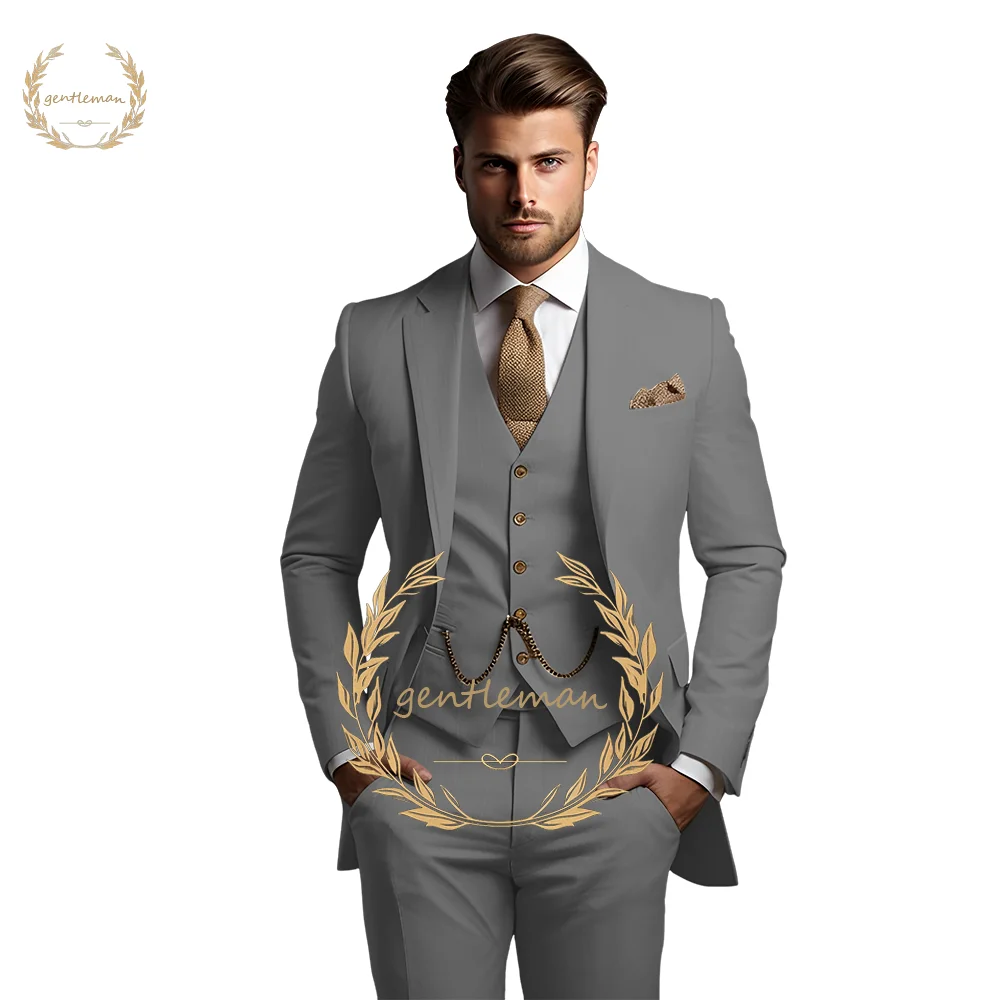 Men\'s 3-piece suit (jacket + vest + trousers) Custom-made formal suit with notch lapel suit, single-breasted vest and trousers