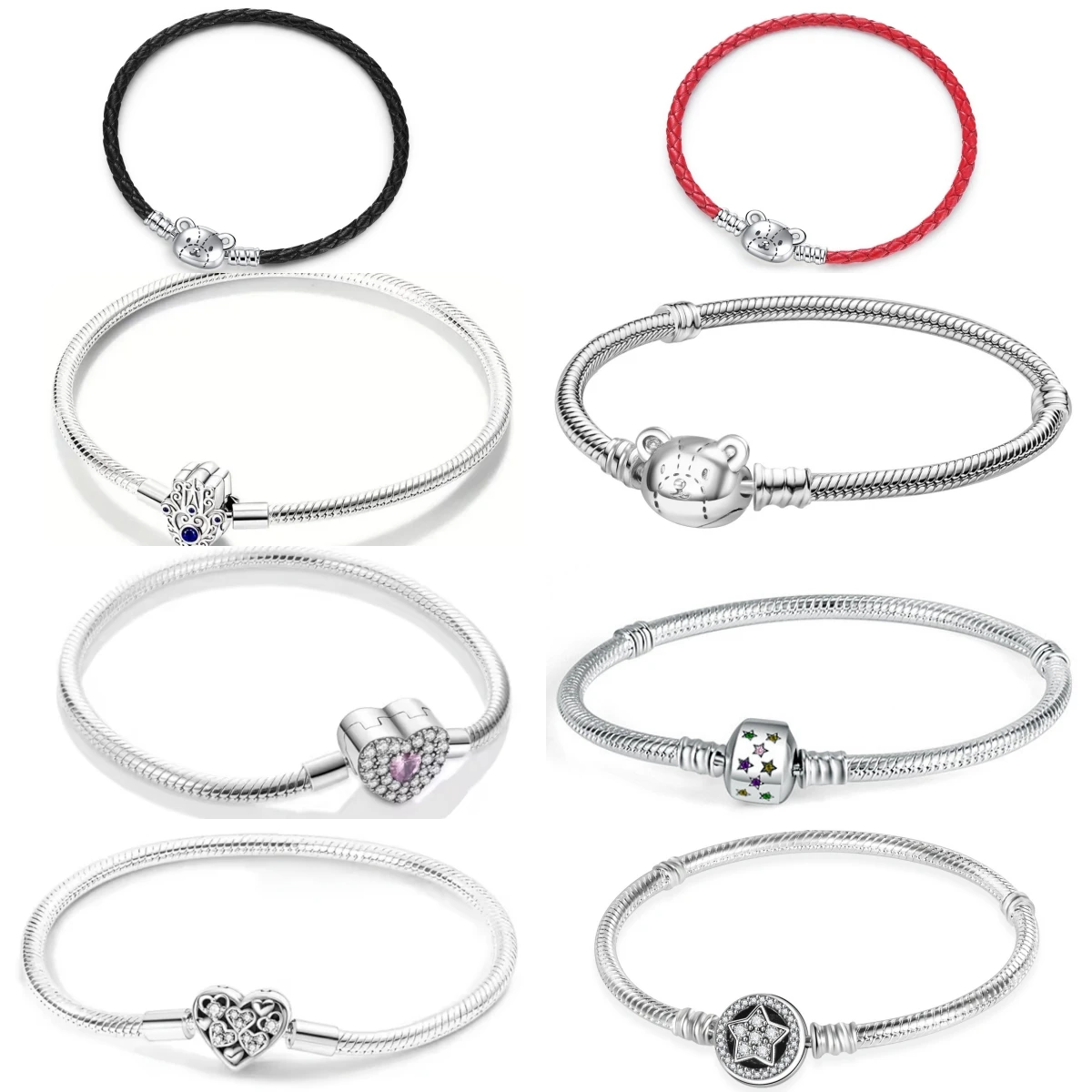 

925 Sterling Silver Leather & Snake Chain Bracelet for Women Bear Heart Star Charm Jewelry Gift for Party Daily