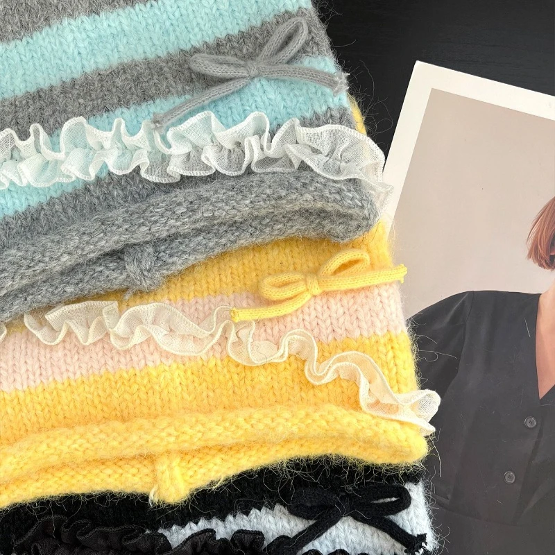 Koreanische Ins Süße Strickmütze mit Katzenohren und gestreiftem Spitzenrand für Damen, Herbst/Winter, Y2K, warme und modische Skull-Beanie-Mützen – Detail 4