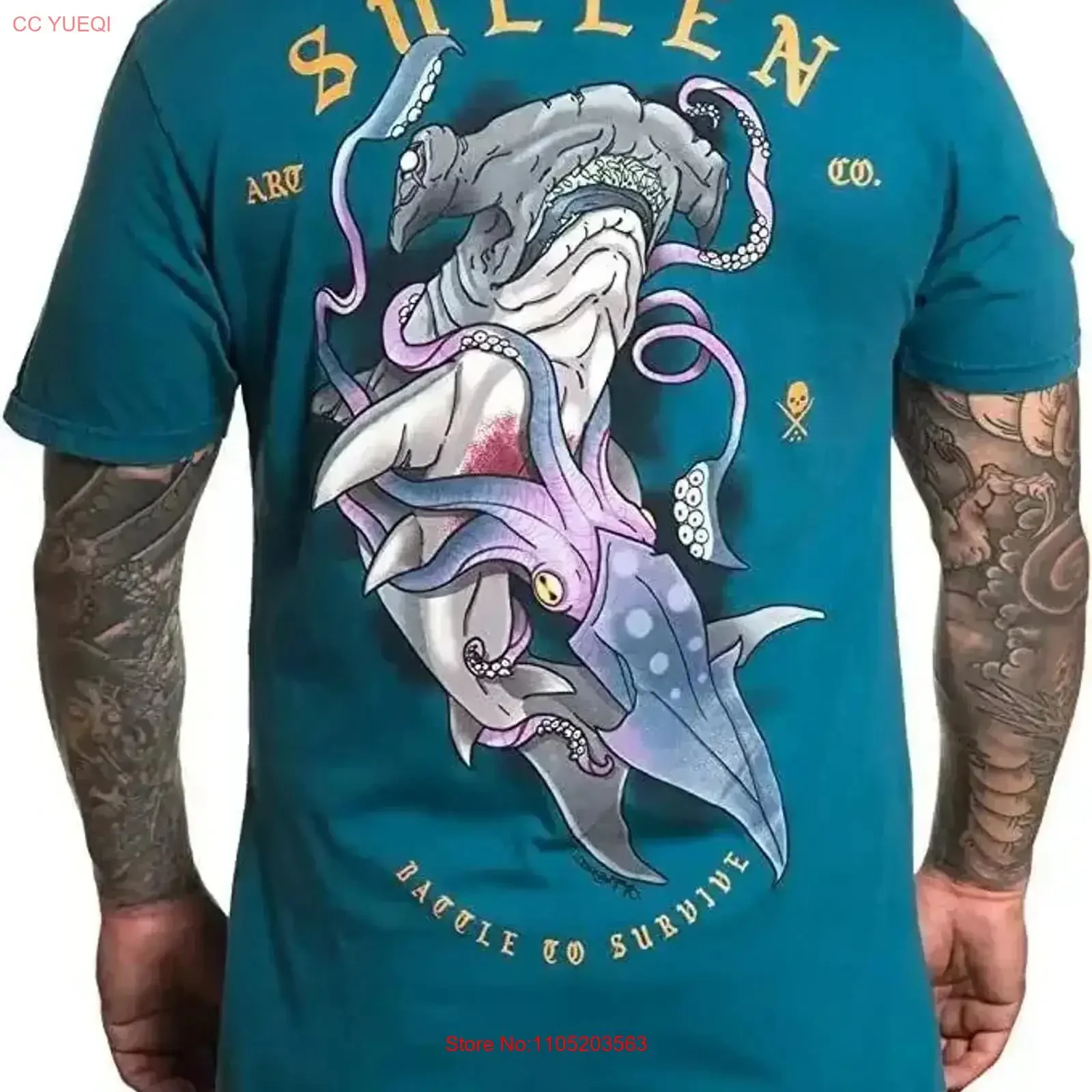 Sullen Survival Hammerhead Shark Squid Battle Survive Tattoo Inked T Shirt SCM4694 vintage Washed Casual Stylish Soft fashion