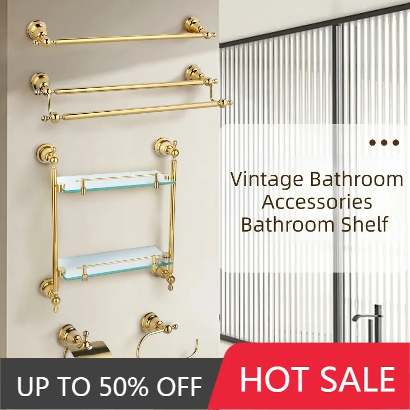Wall Mounted Bathroom Towel Rack Storage Accessories Retro Gold Paper Holder Towel Robe Hooks Hanging Bathroom Shelf Soap Holder