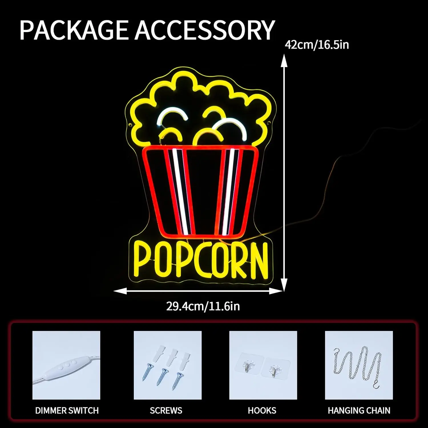 Popcorn Neon Sign Dimmable Food LED Neon Light for Home Cinema Snack Shop Kitchen Video Room Cafe Home Bar Party Man Cave Decor