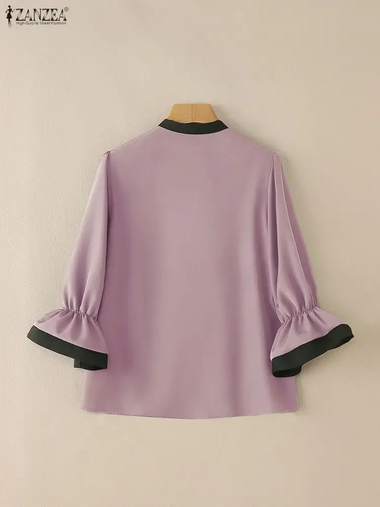 ZANZEA 우아한 여성 OL 작업 블라우스 여름 오피스 셔츠 세련된 튜닉 3/4 러플 슬리브 패치워크 블라우스 캐주얼 레이스업 탑