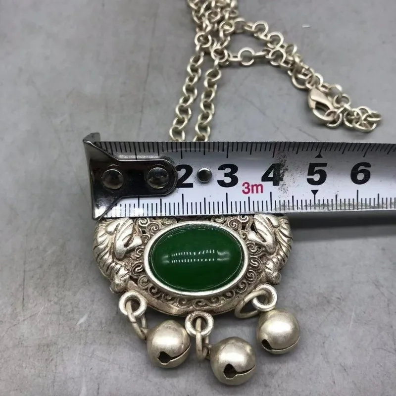 New Vintage Double Pixiu Longevity Lock Pendant, Inlaid Green Beads with Bell, Ethnic Sweater Chain Unisex Jewelry