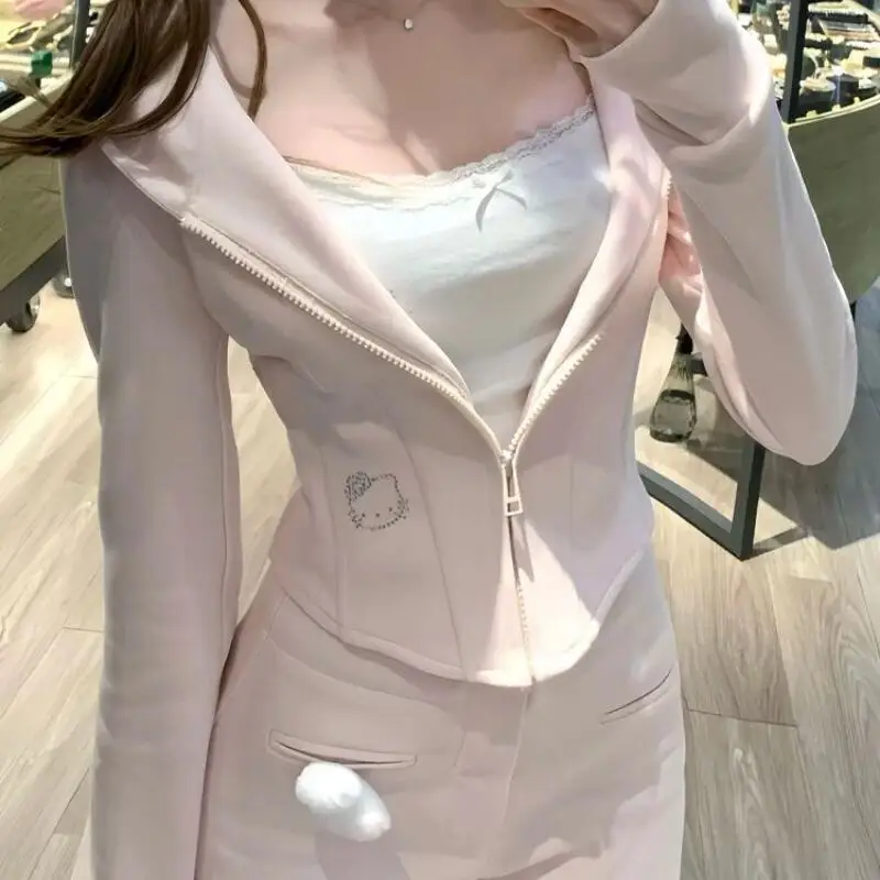 

Толстовка Sanrio, 2 шт., кардиган «Hello Kitty», новый стиль, корейский модный повседневный спортивный костюм, весенне-осенние облегающие брюки, хит продаж