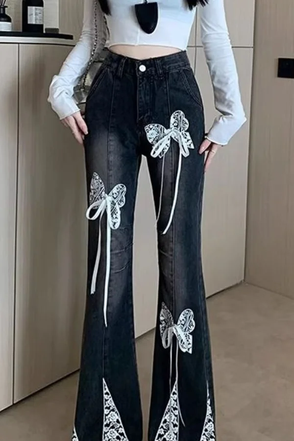 

​​American Vintage Flare Jeans Women Plus Size Tummy Control Flowy Lace Bow New High Waist​​