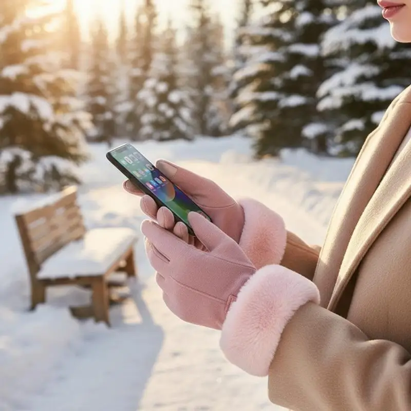 Die warmen Winterhandschuhe für Damen sind winddicht und kältebeständig, haben ein dickes Futter aus Kunstfell und sind als Touchscreen-Handschuhe geeignet. – Detail 5