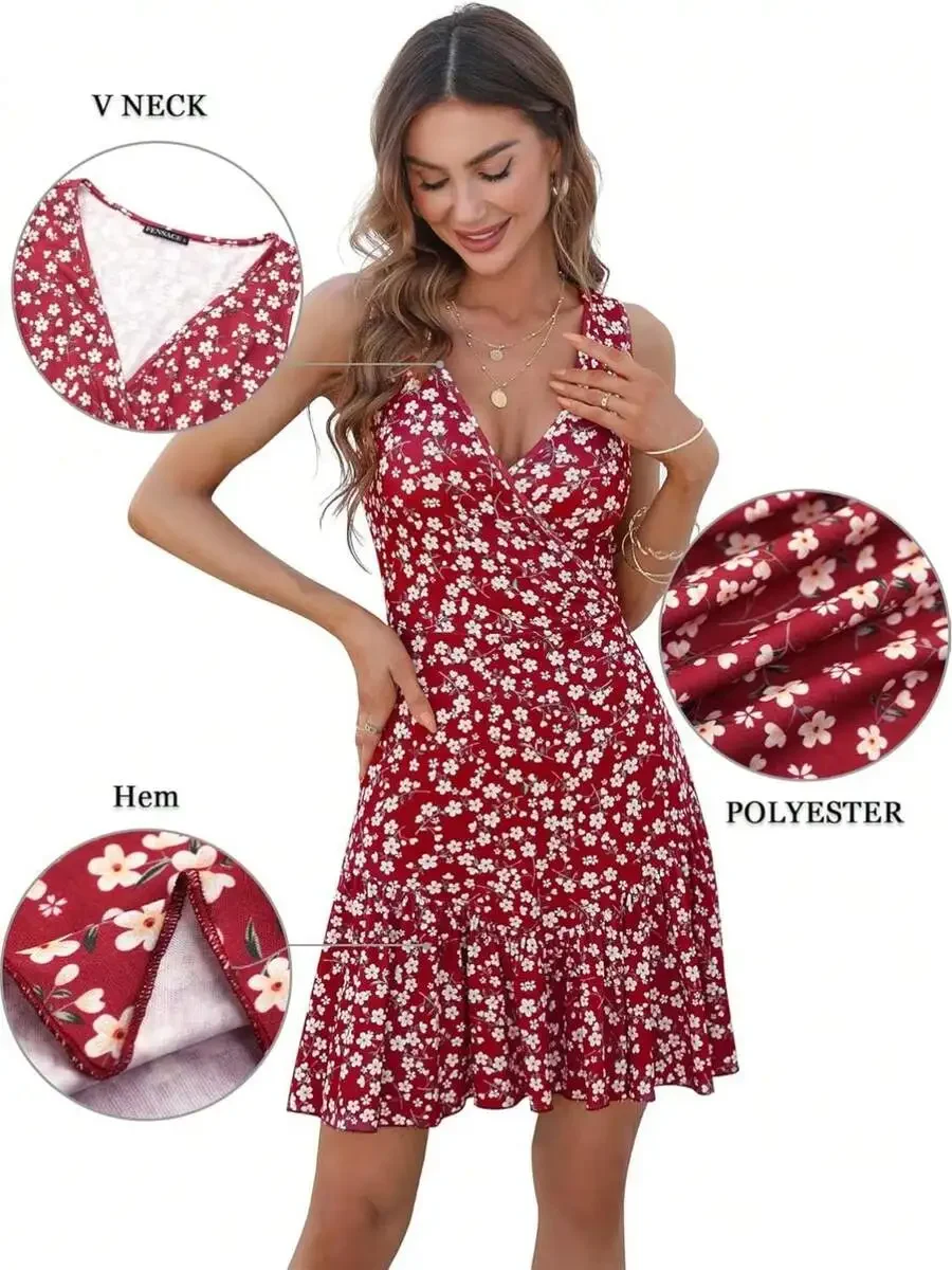 

Womens Sleeveless Wrap Floral Sundress With Ruffle Hem Summer Dress