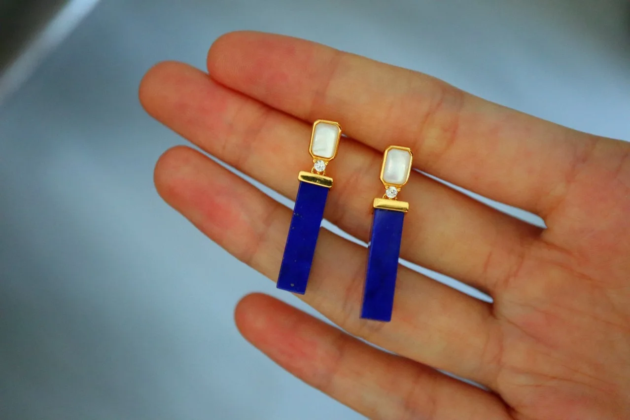 Natural Lapis Lazuli White Shell Rectangular Column Earrings 925 Sterling Silver Luxury Daily Party Fine Jewelry Gift For Women