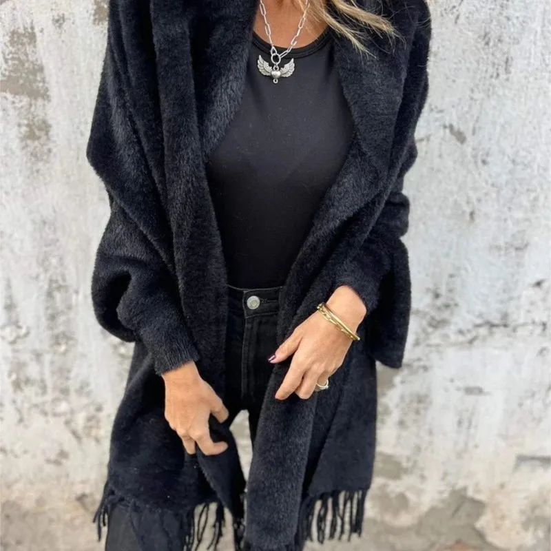 

New Clothes Woman Comfortable Solid Color Casual Loose Knitting Autumn Winter Sweater Plush Long-sleeved Tassel Collarless Coat