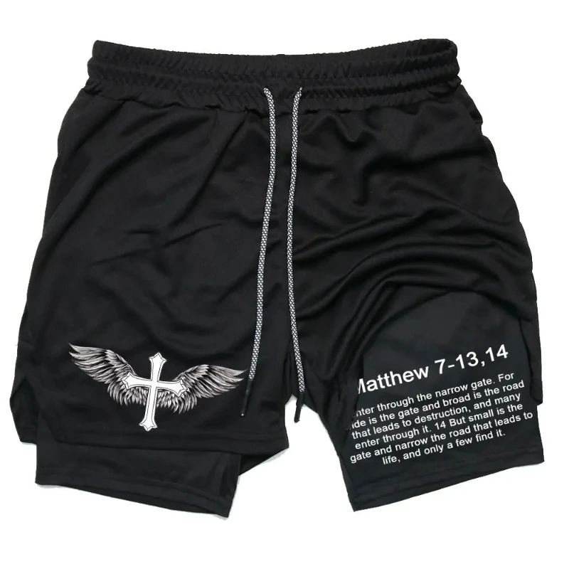 2024Men Performance Shorts Bible Printed GYM Casual Sports Compression Shorts Workout Running Mesh 2 In 1 Sport Short Pants