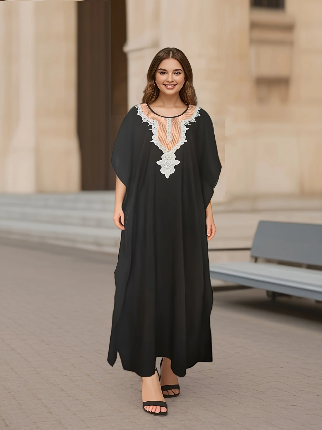 

Ближневосточный женский халат больших размеров в этническом стиле с вышитым воротником в стиле пэчворк, элегантное и свободное однотонное платье для поездок на работу