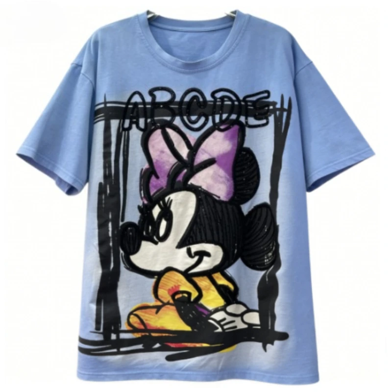 

Plus Size Cartoon Minnie Print 100% Cotton Crew Neck Short Sleeve T-Shirts Women Summer New Arrivals Loose Trendy Tops
