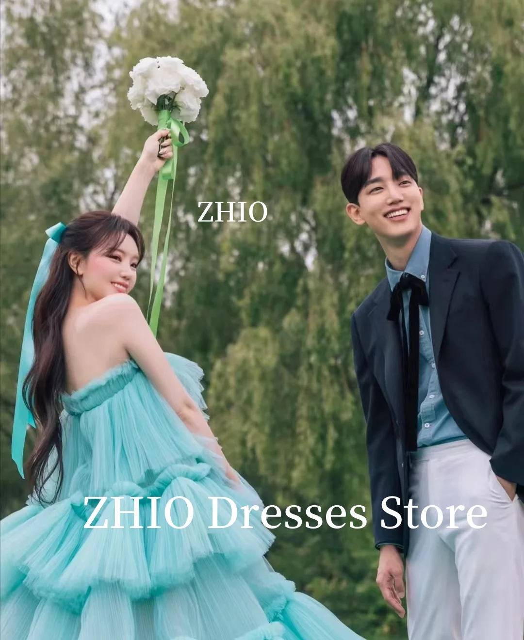 ZHIO Blue Ball Gown Floor Length Strapless Multi-layered Wedding Dress Bridal Gowns Korea Photo Shoot Customized Princess