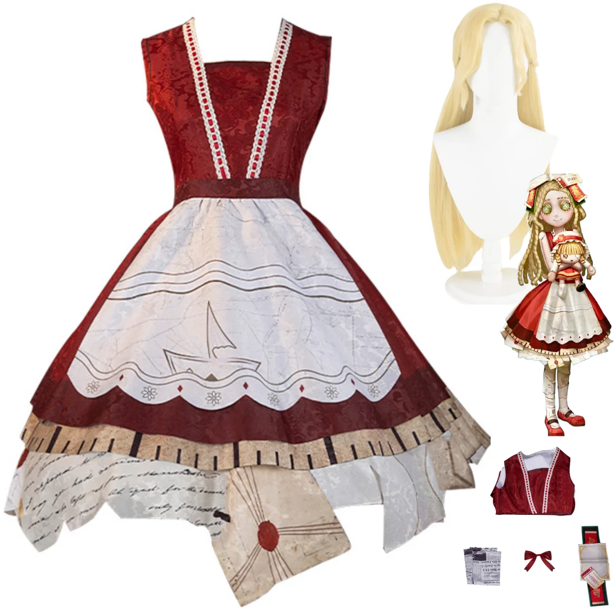 Game Identity Ⅴ Survivor Memory Little Girl Alice Cosplay Costume Aging Skin Wig Red Dress Lolita Woman Lovely Halloween Suit