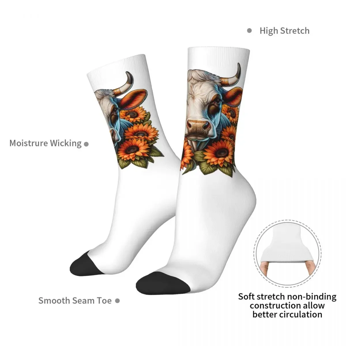 Cow With Sunflowers Socks Harajuku High Quality Stockings All Season Long Socks Accessories for Man's Woman's Birthday Present