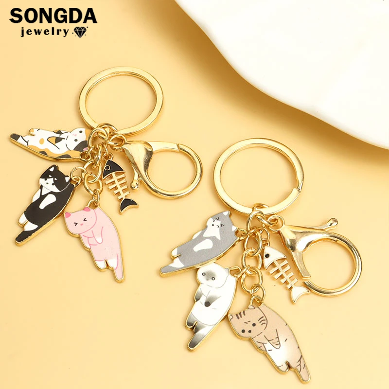 Lovely Cat Enamel Keychains Cute Cartoon Kitten Fish Bones Charms Alloy Keyring for Women Girl Kawaii Jewelry Souvenir Gift Bulk