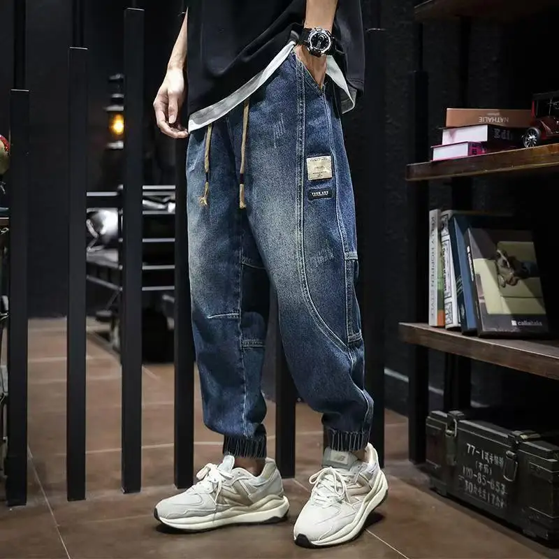Spring Autumn Men Jeans Elastic Drawstring Waist Pockets Design Denim Pants Solid Color Casual Cargo Harem Trousers
