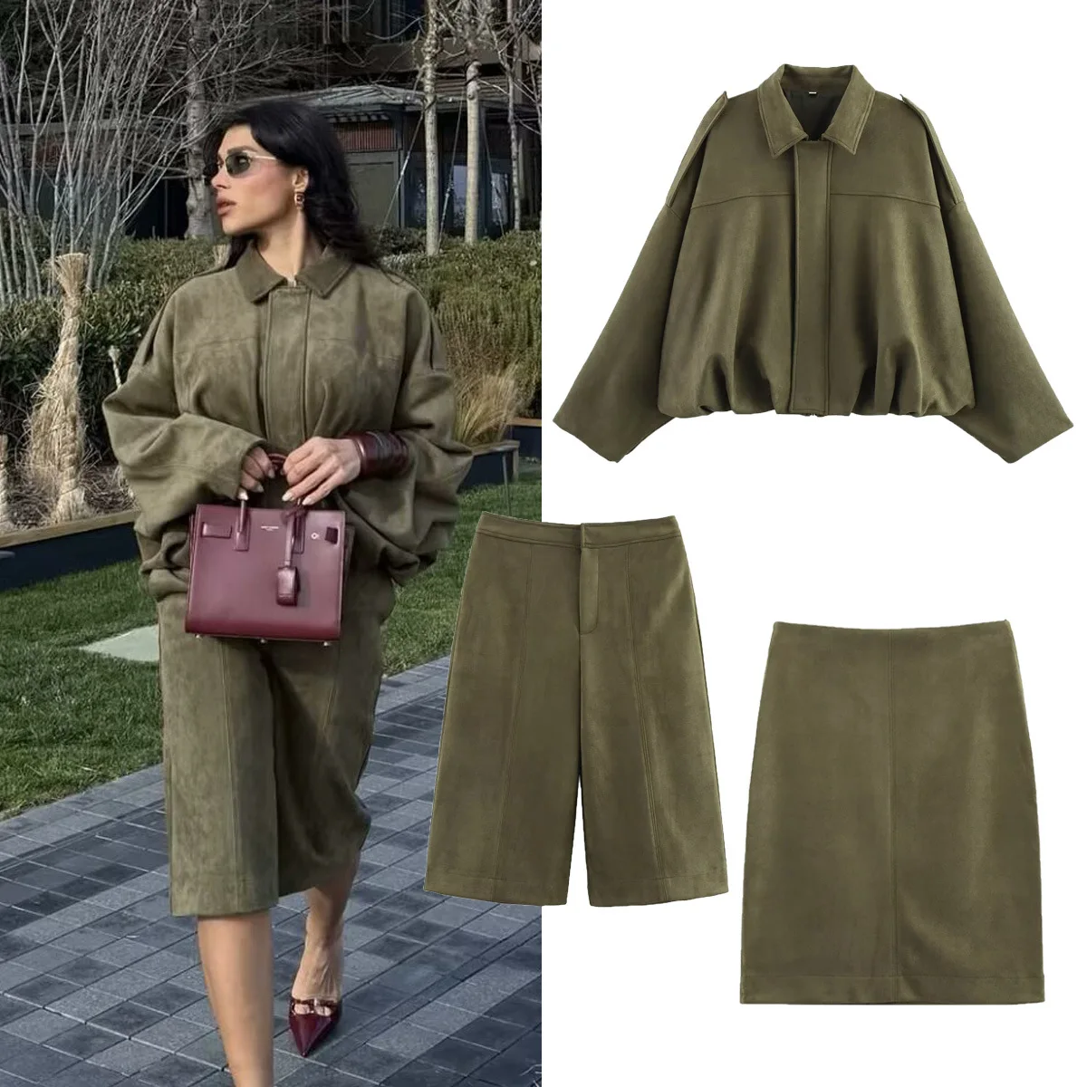 Brown Green Suede Jacket Women Lapel Zipper Long Sleeve Pockets Bomber Coat 2025 Spring Autumn Lady Loose Motorcycle Outwears