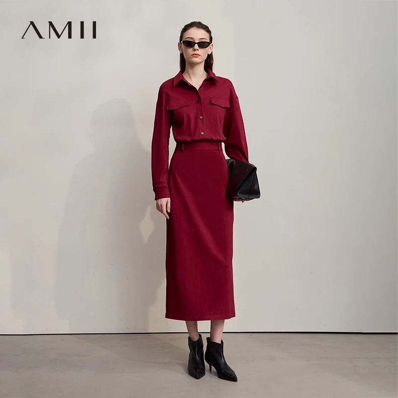 فستان نسائي AMII لخريف 2025 فساتين طويلة متينة جديدة للركاب بأكمام طويلة فساتين مستقيمة واحدة الصدر للمرأة 12523171