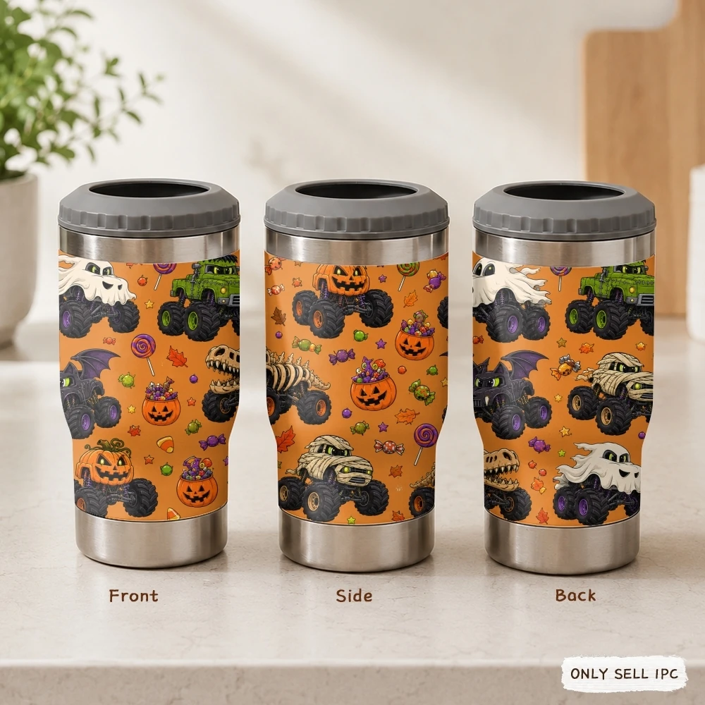Termo de Acero Inoxidable 4 en 1 con Diseño de Monster Truck de Halloween, Enfriador de Latas, Vaso para Cerveza y Taza de Café
