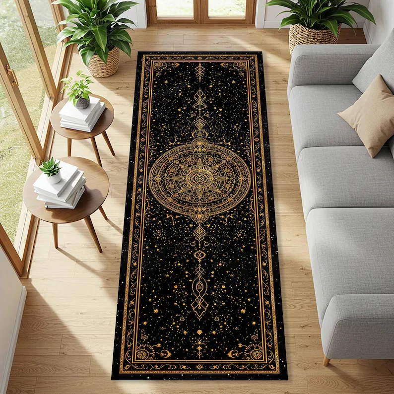 Black Space Themed Hallway Rug Moon Shapes Rug Celestial Galaxy Runner Rug Astrology Decor Rug Moon Home Decoration Rug