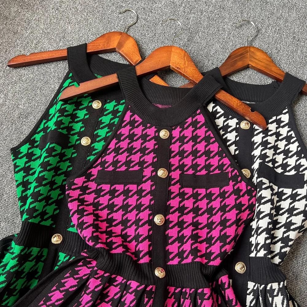 YuooMuoo ブランドファッション女性プリーツニットドレス 2025 夏 Y2K ノースリーブ鳥格子ショートドレスシックな女性パーティー Vestidos