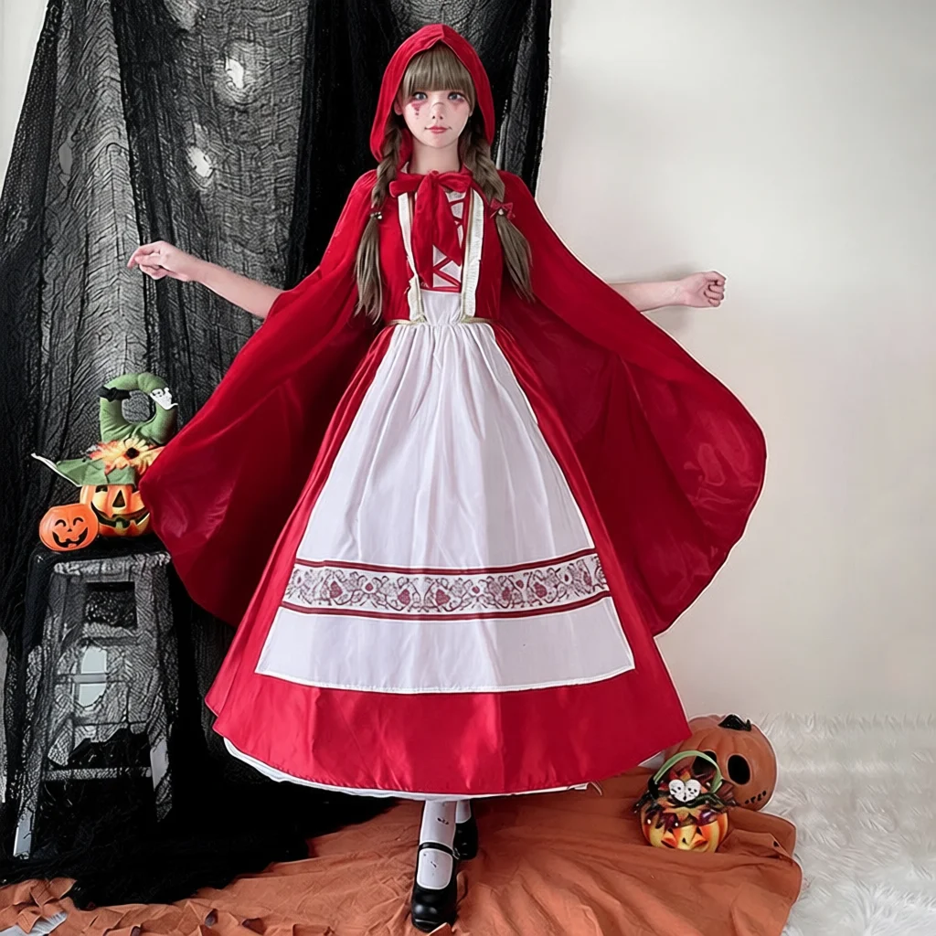 

Adult Halloween Red Hooded Dress Shawl Maid Costume Long Christmas Dress Skirt Ethnic Stage Costume Women's Fashion