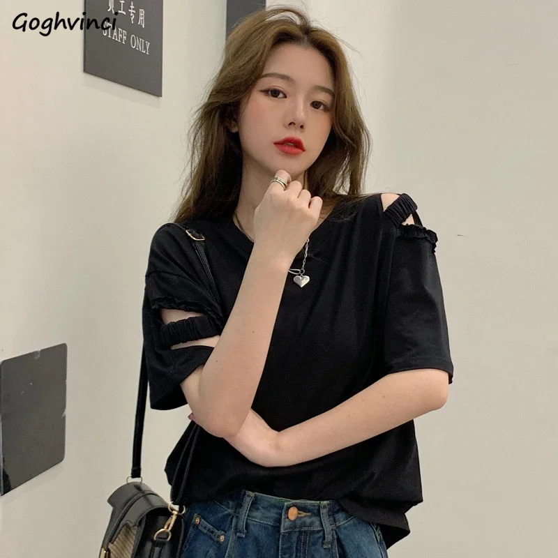 T-shirts Women Sexy Ladies Tops Hole Harajuku Fashion Loose Summer Ins Korean Style Preppy Vintage Solid Elegant Chic Simple New