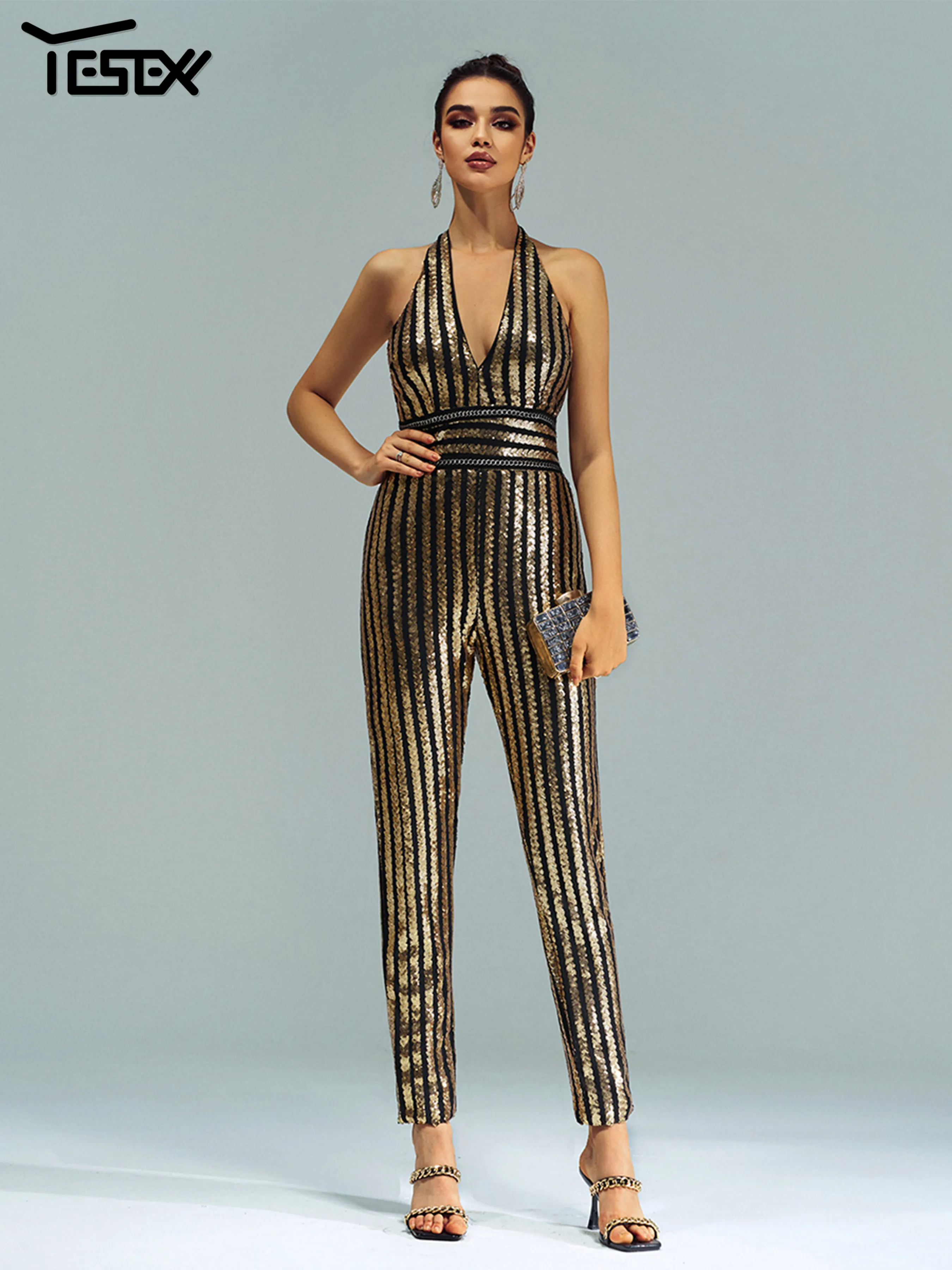 Yesexy New Halter Chic Elegant Sequin Backless Slim Striped Birthday Party Formal Occasion High Quality Luxury Jumpsuit