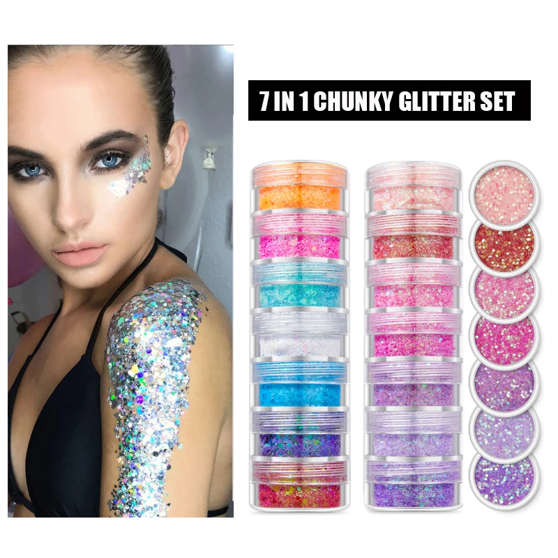 Hot Sale Mixed 7 colors / set Sequins Glitter Eyeshadow Bulk Party Makeup Face Body Chunky Glitter for Festival