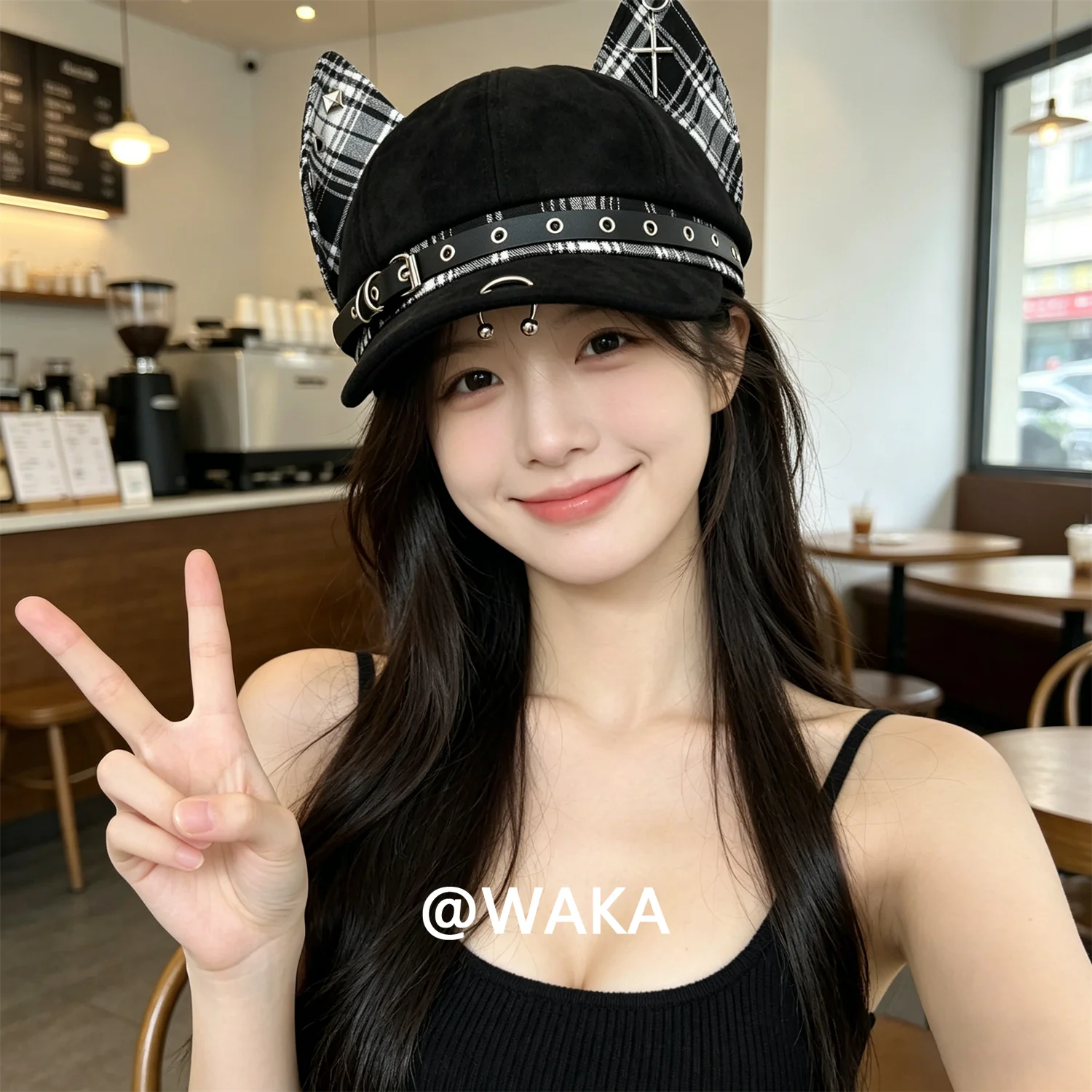 waka-gothic-doberman-newsboy-cap-for-women-men-plaid-studded-cross-charm-y2k-punk-streetwear-octagonal-beret-hat