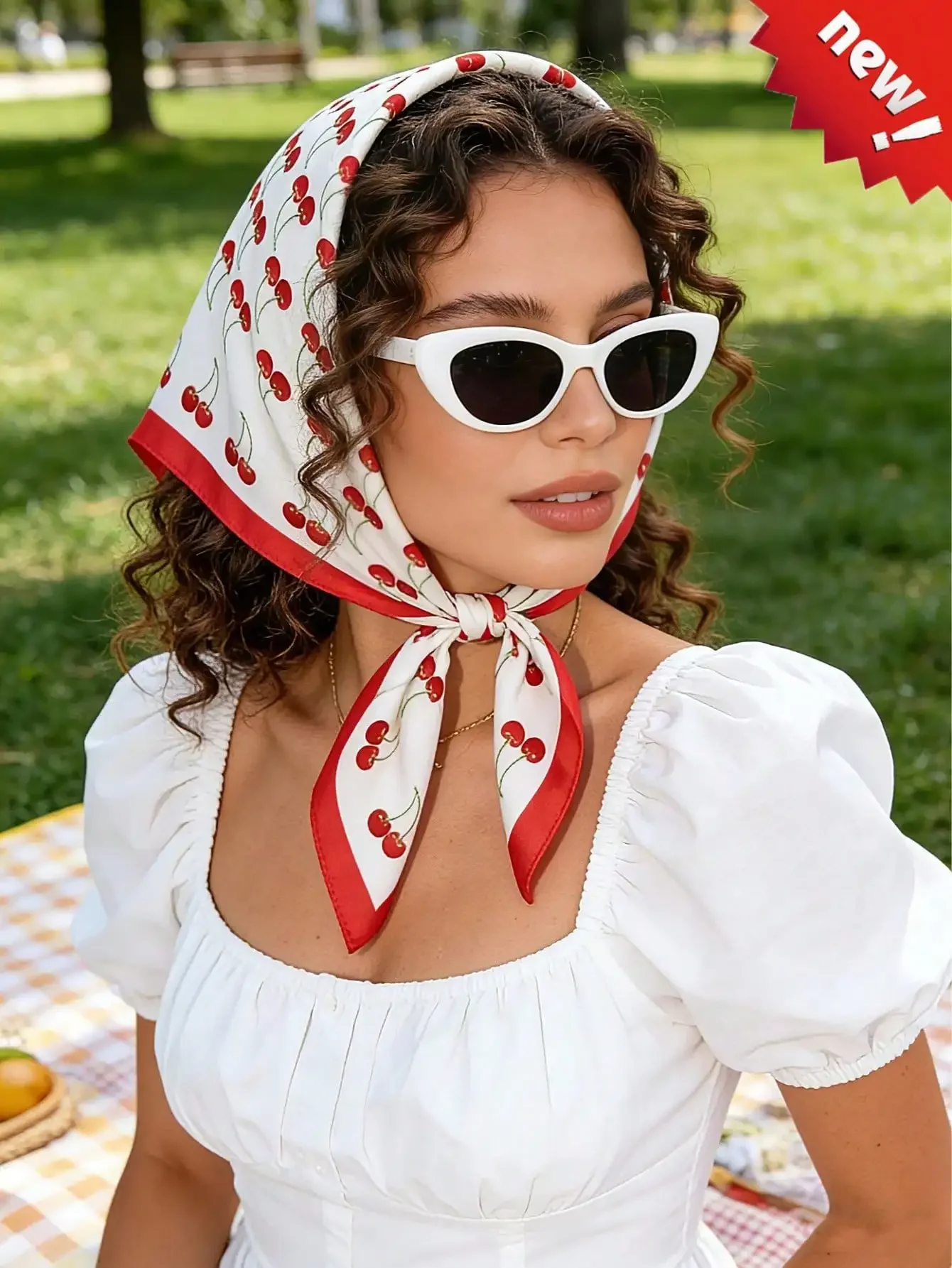 

Women Cherry Print Square Scarf Bandana Fashion Head Wrap, Hair Scarf, Neckerchief, Lightweight Silk Touch Accessory for Women