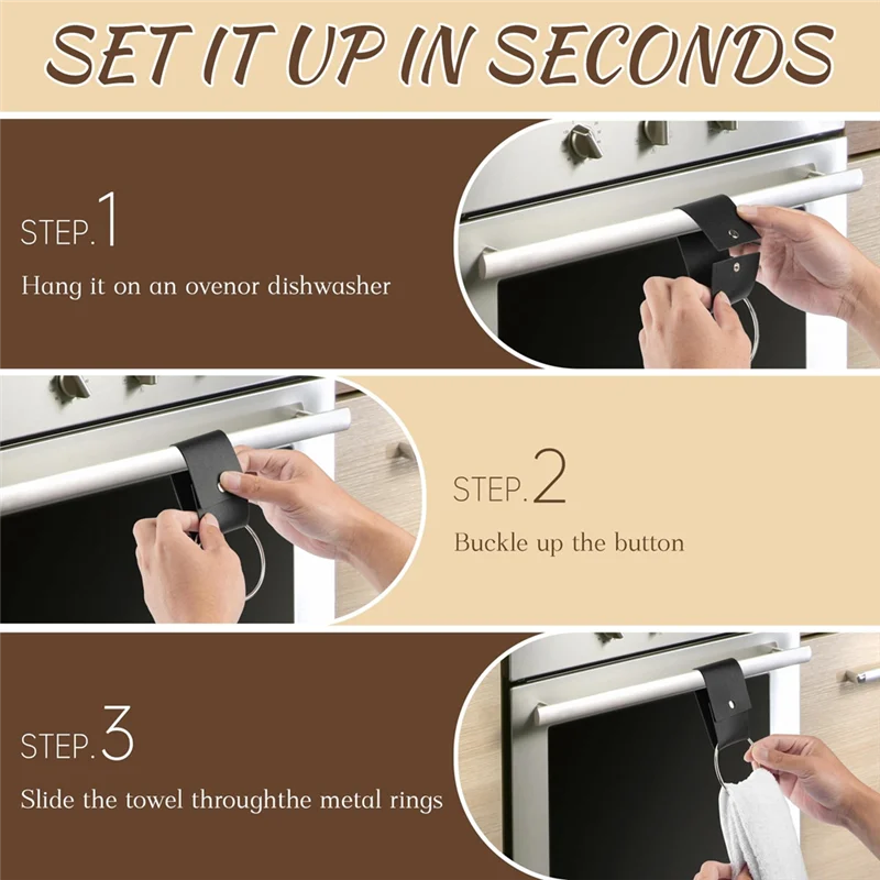 

-A90P 8 PCS Leather & Metal Towel Ring Holder For Kitchen Dish Towels Holder With Loop Oven Door Hanger Gifts For Home
