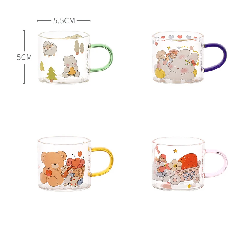 Cute cartoon print water glass cup Everyday Drinking Glasses with handle 100ML tea glass cup Iced Coffee Glasses