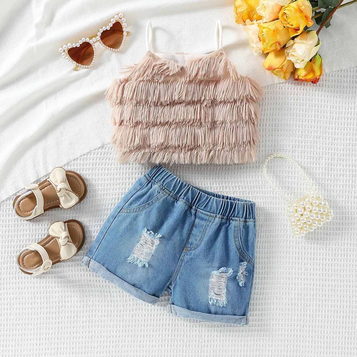 2PCS Summer Girls Trendy Fashion Tassel Sleeveless Vest Top Ripped Denim Shorts Baby Girl Children Casual Denim Fashionable Shor