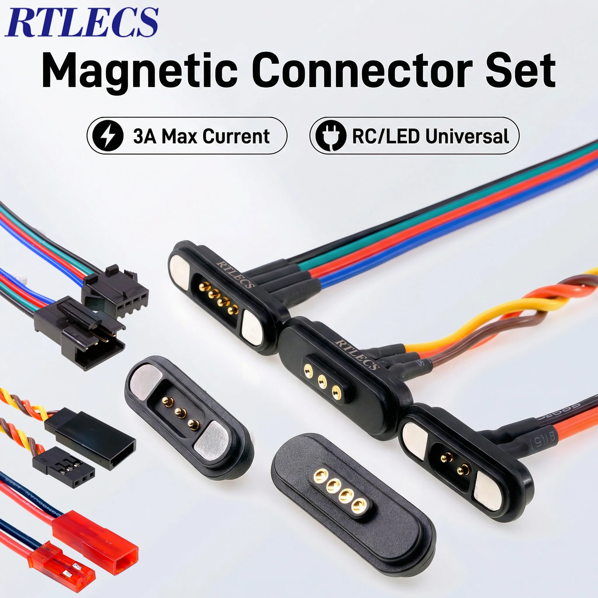 Conector Magnético RTLECS para Carro RC e Drone, Carregador de Bateria DC 24V 3A JST JR, Cabo USB para Conexão de Fita LED SM 2/3/4 Pinos