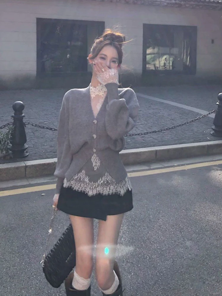 ay V-Ne Strickjacke ort Pullover Damen Herbst Winter New High Ne Lace Splicing Me Base irt Faion Set