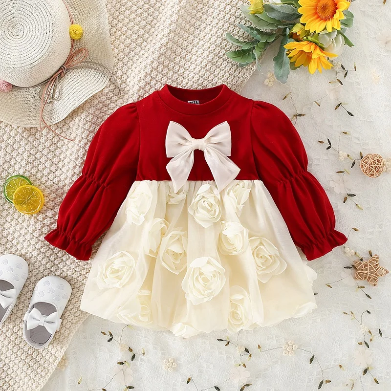 0-3-Year-Old Baby Girl Dress With Pleated Lantern Sleeves Bow Knot Fluffy Dress Mesh Rose Mesh Sweet Princess Dress Fluffy Dress