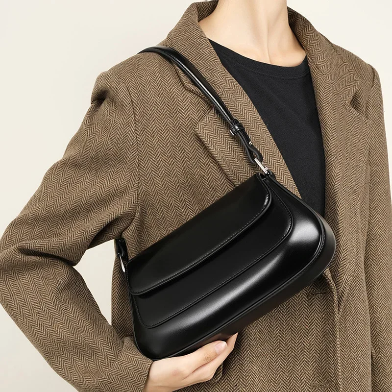 2024 Luxury Handbags Genuine Leather Women Saddle Bags High Quality Single Shoulder Bag Female Versatile Crossbody Bag Black