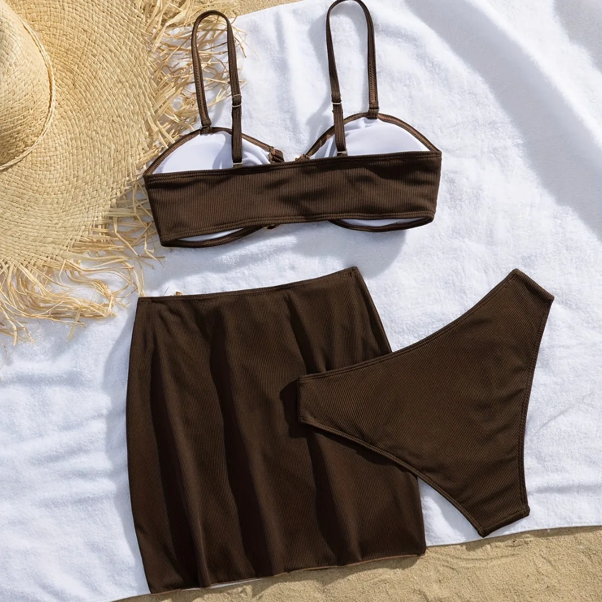 Sexy Detachable Shoulder Bikini Set Women Brown Metal Push Up High Waist Swimsuit 2026 Beach Bathing Suit Skirt 3 Piece Swimwear view 2