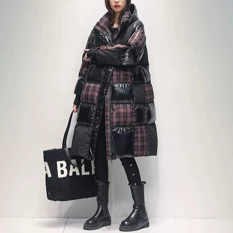 Designer Long Plaid Down jacket women\'s 2023 Streetwear Winter New Korean thicken Warm bright 90% white duck down coat