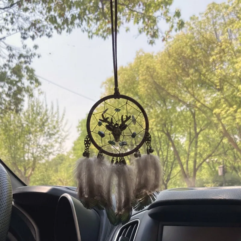 Peacock Feather Dream Catcher Rear-view Mirror Hanging Ornaments Wind Chimes Hand-woven Car Pendant Festival Lucky Decoration