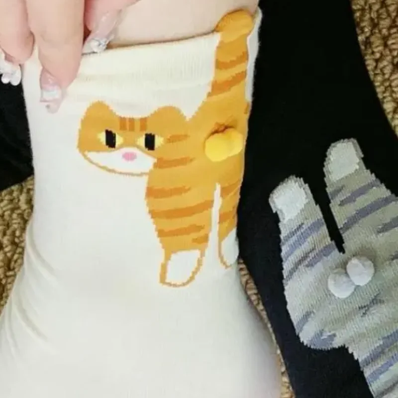 

1/2 пары хлопковых носков с милыми кошачьими шариками, кавайные вязаные носки в стиле Лолиты для женщин и девочек, средние носки-трубы с принтом кота, пара носков