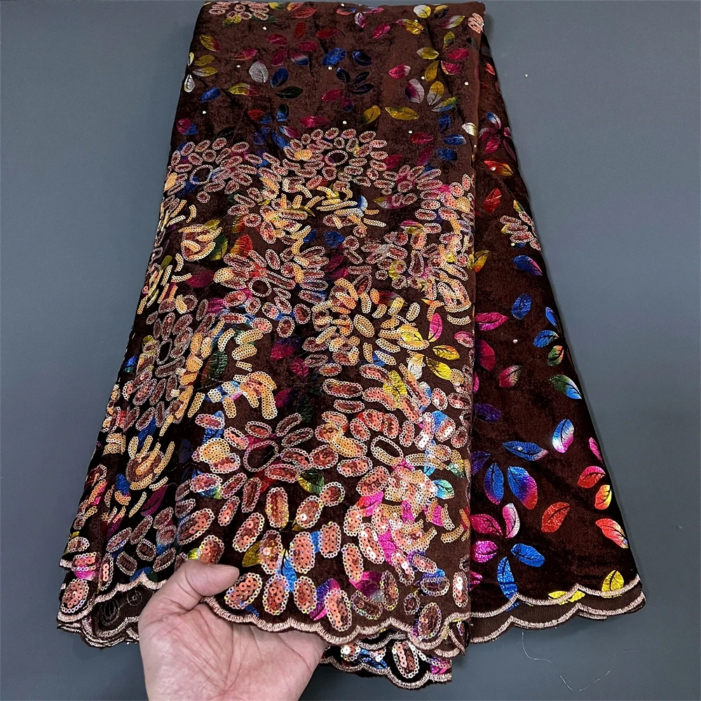 African Nigerian velvet lace fabric, Sequins BeadsGuipure，For Sewing Wedding Party Dress，High Quality，5yards，2024
