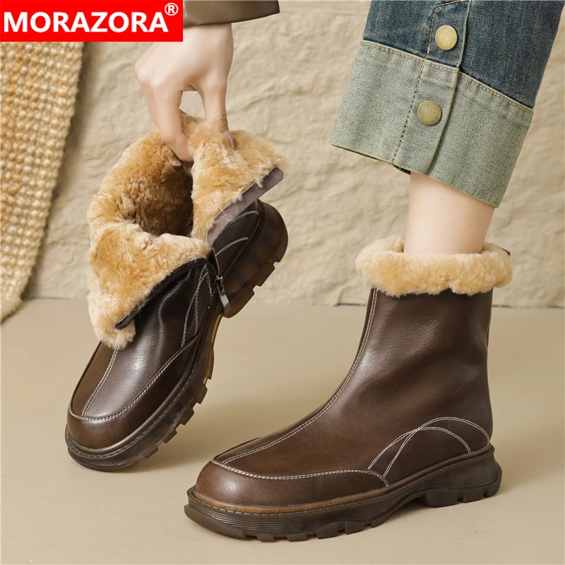

MORAZORA 2025 New Arrival Genuine Leather Winter Boots Women Real Wool Warm Snow Boots Platform Zipper Ankle Booties Female Shoe