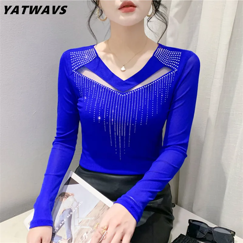 

2024 Spring New Women Mesh Tops Fashion Sexy Hollow Out Hot Diamonds Long-Sleeved Bottoming Tees High-End Elasticity T-Shirt