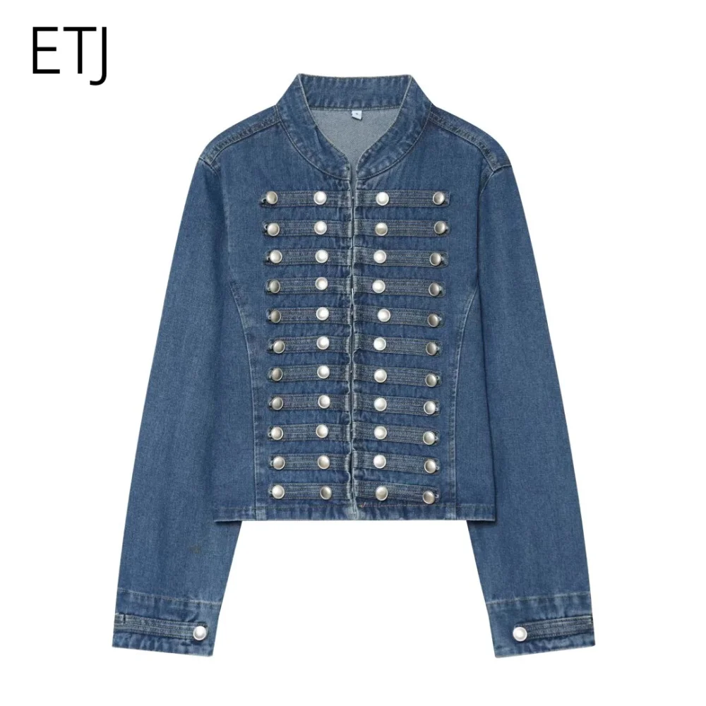 ETJ 2026 Damen Napoleon-Stil Jeansjacke Vintage Militär Doppelreihiger Mantel Silberne Knöpfe Slim Fit Herbst Oberbekleidung – Detail 27