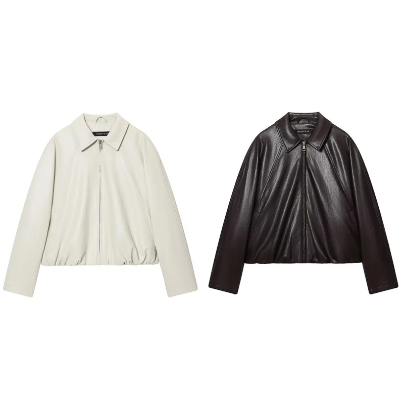 Damenjacke 2025, Herbst, neuer Stil, einfarbig, lange Ärmel, Reißverschluss, lockere Passform, Kunstlederjacke, modisch und stilvoll